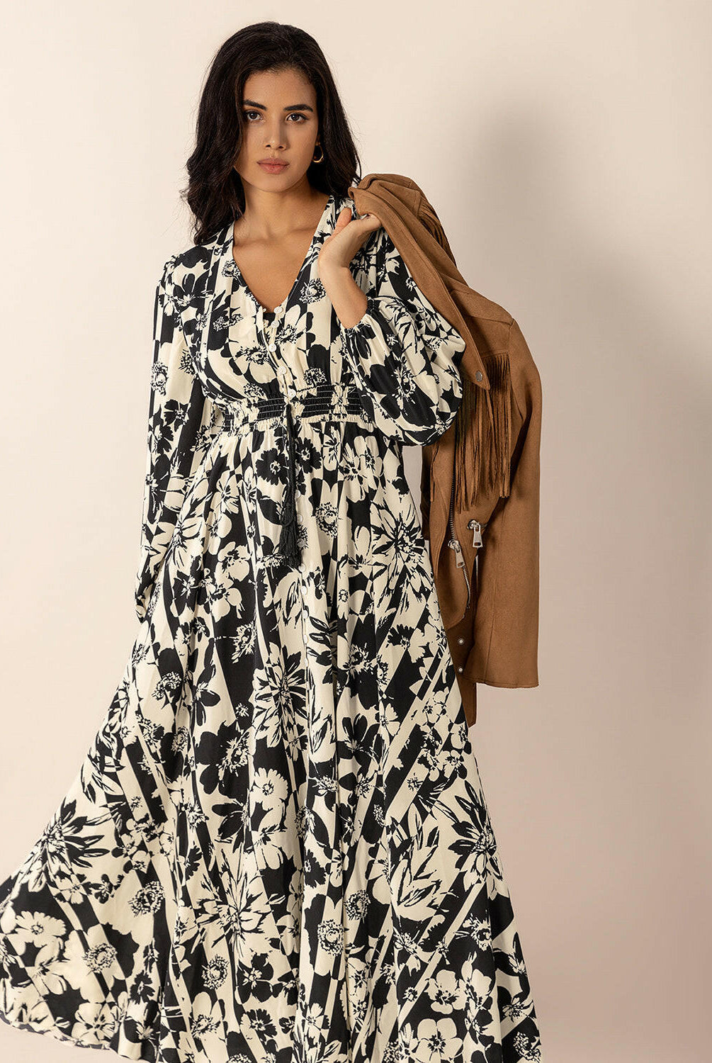 Tied Printed V-Neck Long Sleeve Midi Dress-Krush Kandy, Women's Online Fashion Boutique Located in Phoenix, Arizona (Scottsdale Area)