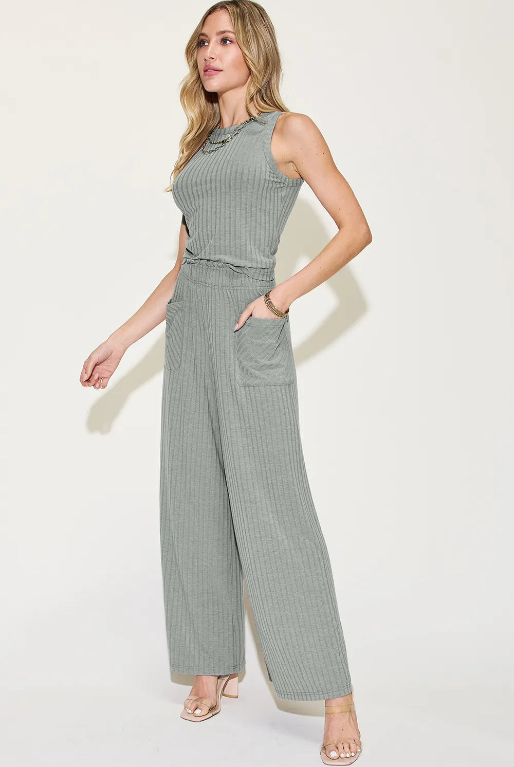 Basic Bae Full Size Ribbed Tank and Wide Leg Pants Set-2 Piece Outfit Sets-Krush Kandy, Women's Online Fashion Boutique Located in Phoenix, Arizona (Scottsdale Area)
