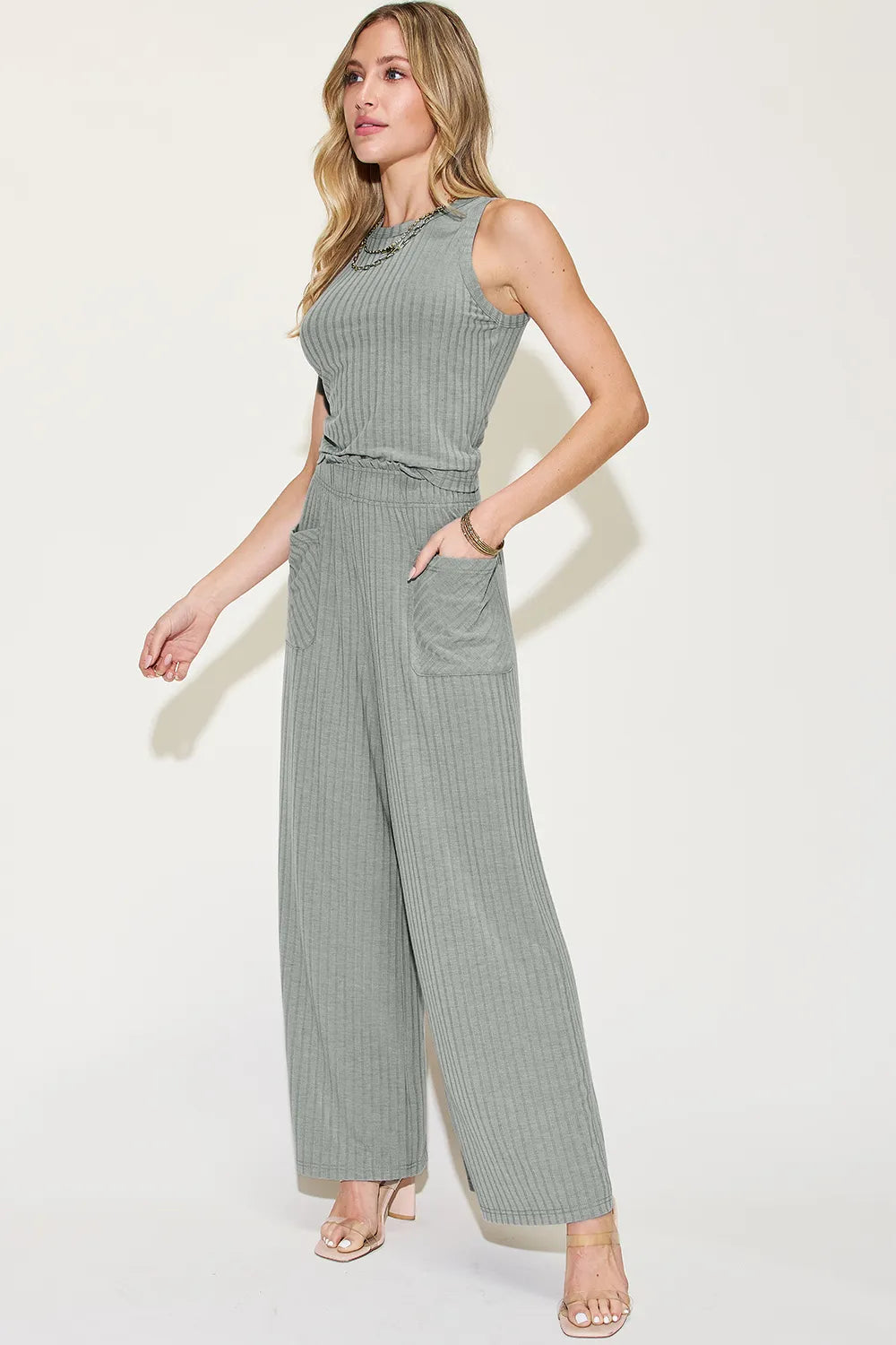Basic Bae Full Size Ribbed Tank and Wide Leg Pants Set-2 Piece Outfit Sets-Krush Kandy, Women's Online Fashion Boutique Located in Phoenix, Arizona (Scottsdale Area)