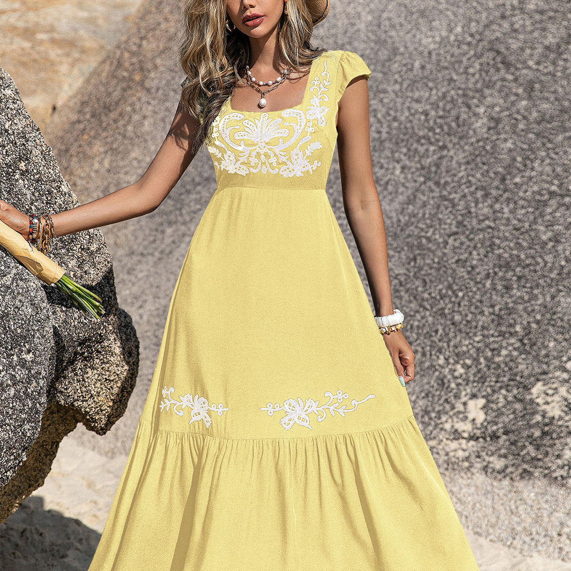 Embroidered Square Neck Ruffle Hem Dress-Krush Kandy, Women's Online Fashion Boutique Located in Phoenix, Arizona (Scottsdale Area)