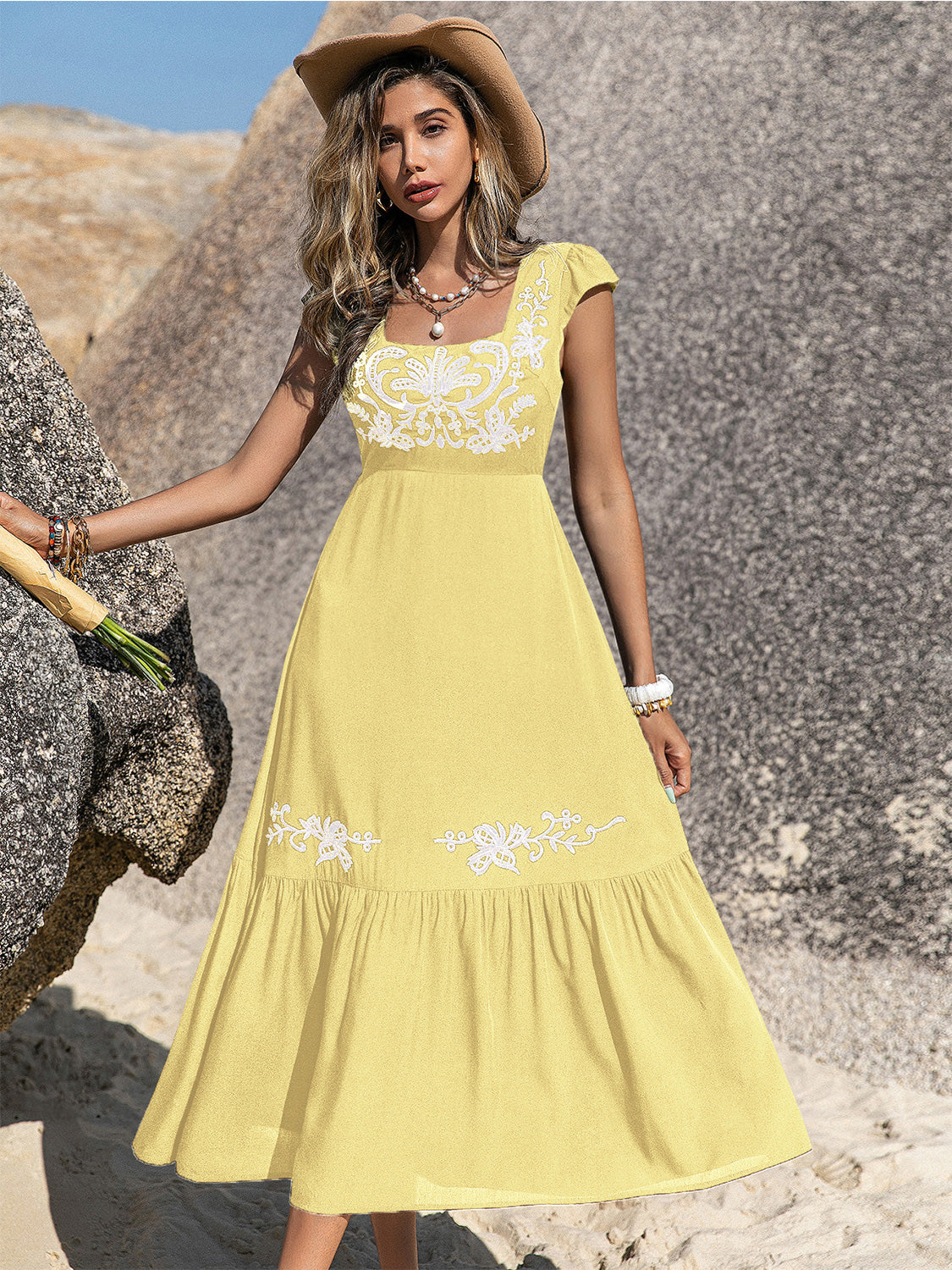 Embroidered Square Neck Ruffle Hem Dress-Krush Kandy, Women's Online Fashion Boutique Located in Phoenix, Arizona (Scottsdale Area)