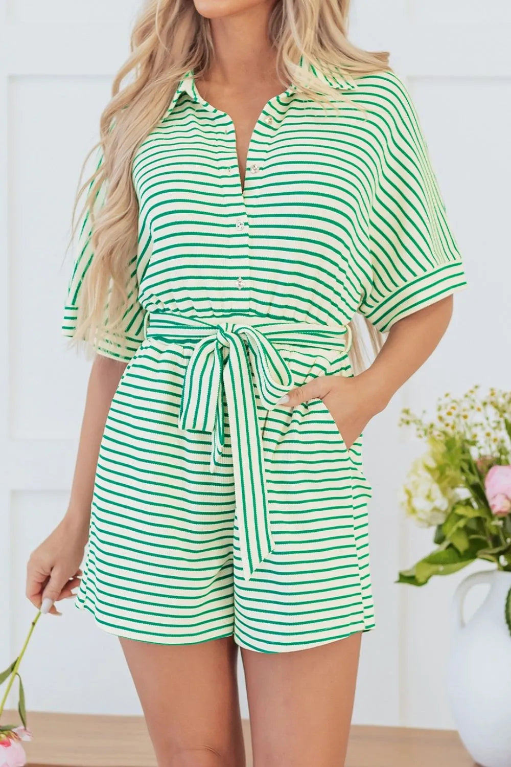 Striped Half Sleeve Tie Waist Romper-Jumpsuits & Rompers-Krush Kandy, Women's Online Fashion Boutique Located in Phoenix, Arizona (Scottsdale Area)