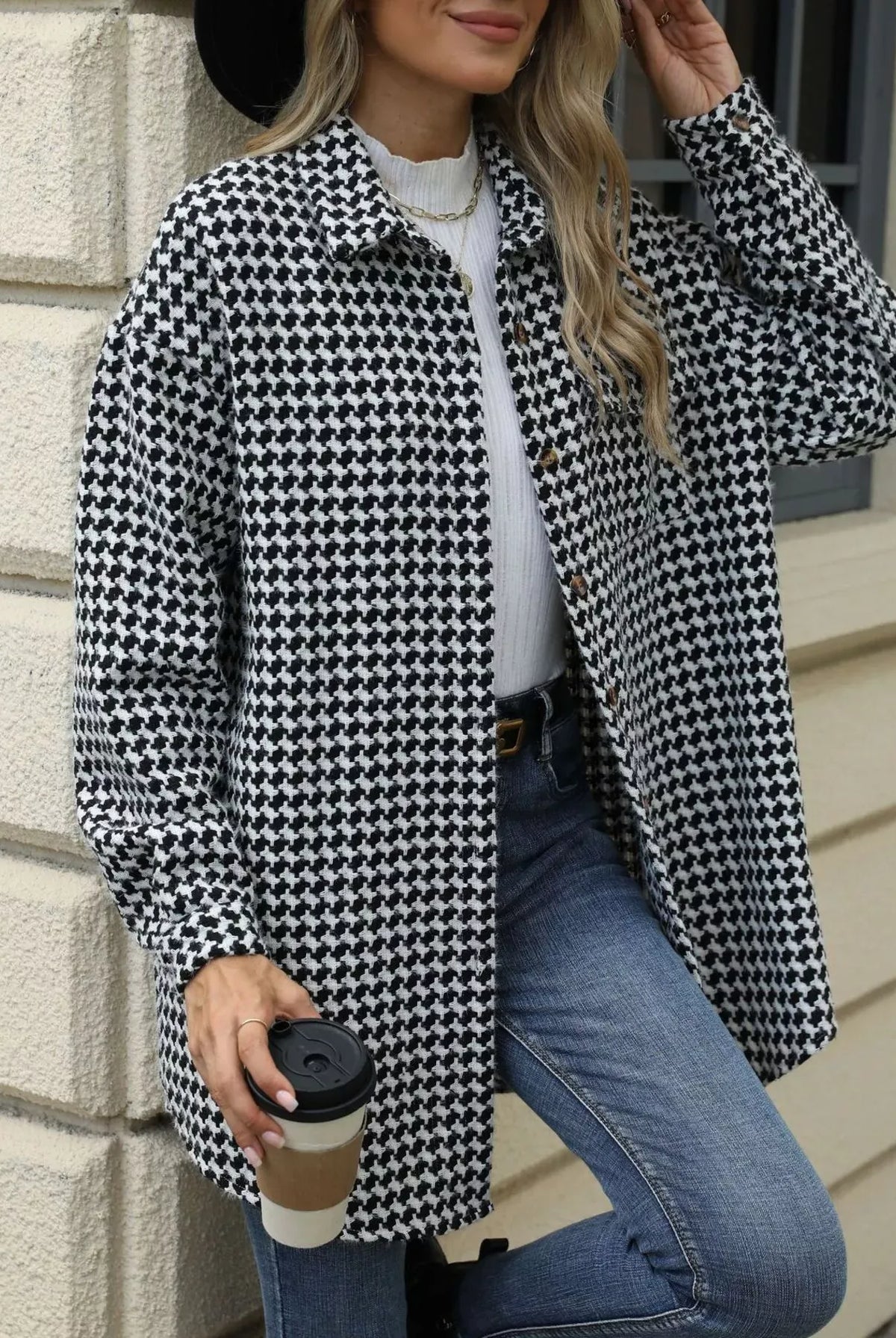 Houndstooth Button Up Long Sleeve Coat-Jacket-Krush Kandy, Women's Online Fashion Boutique Located in Phoenix, Arizona (Scottsdale Area)