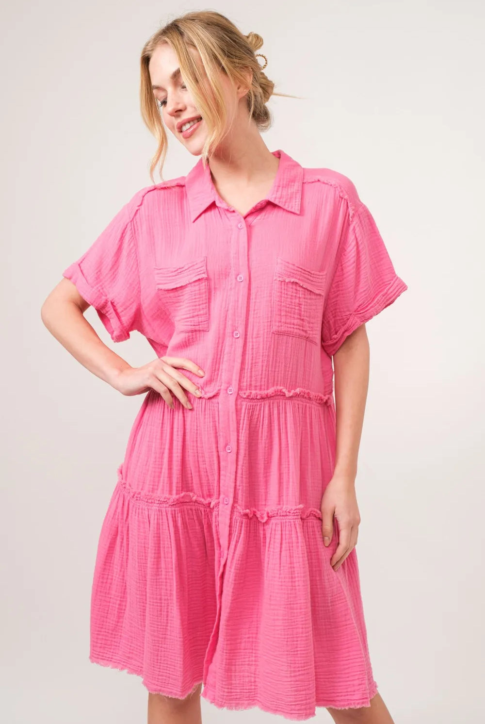 And The Why Full Size Raw Edge Washed Tiered Shirt Dress-Dresses-Krush Kandy, Women's Online Fashion Boutique Located in Phoenix, Arizona (Scottsdale Area)