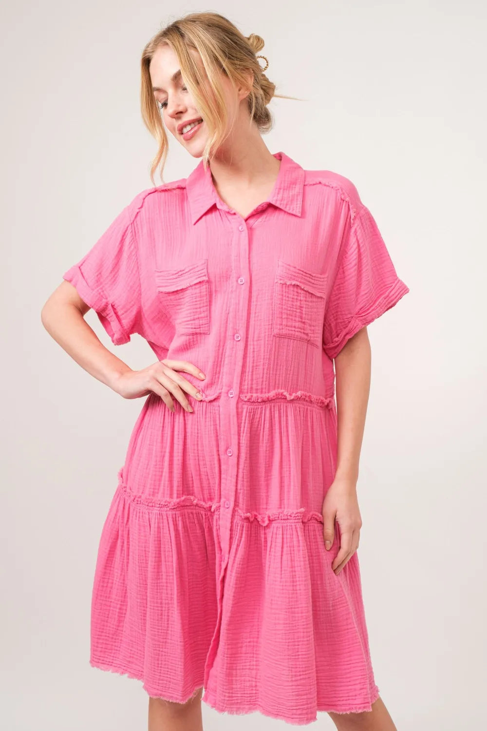 And The Why Full Size Raw Edge Washed Tiered Shirt Dress-Dresses-Krush Kandy, Women's Online Fashion Boutique Located in Phoenix, Arizona (Scottsdale Area)