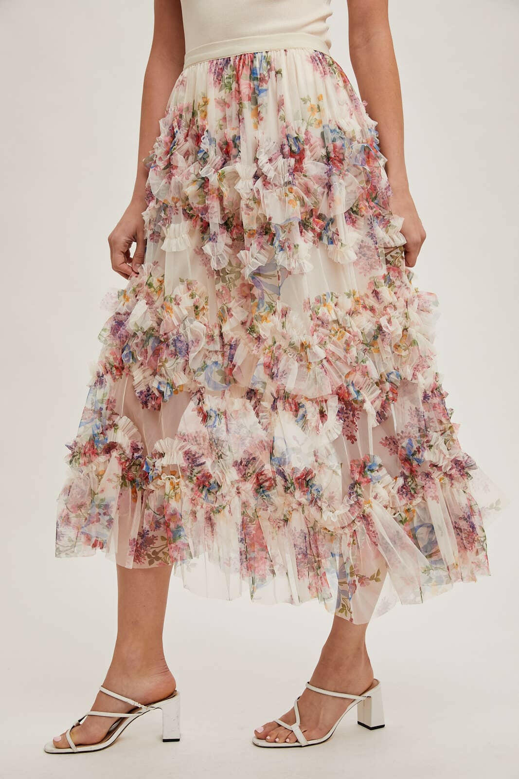Floral Ruffled Mesh Midi Skirt-Skirts-Krush Kandy, Women's Online Fashion Boutique Located in Phoenix, Arizona (Scottsdale Area)
