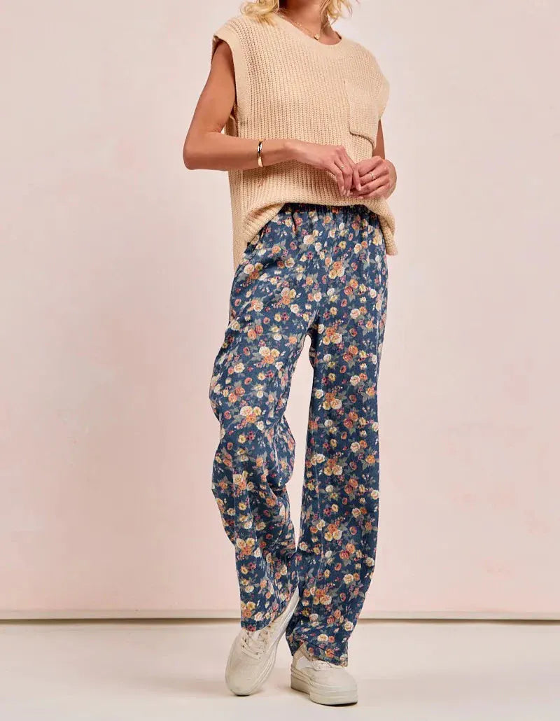 BiBi Washed Floral Print Wide Leg Jeans-Jeans-Krush Kandy, Women's Online Fashion Boutique Located in Phoenix, Arizona (Scottsdale Area)