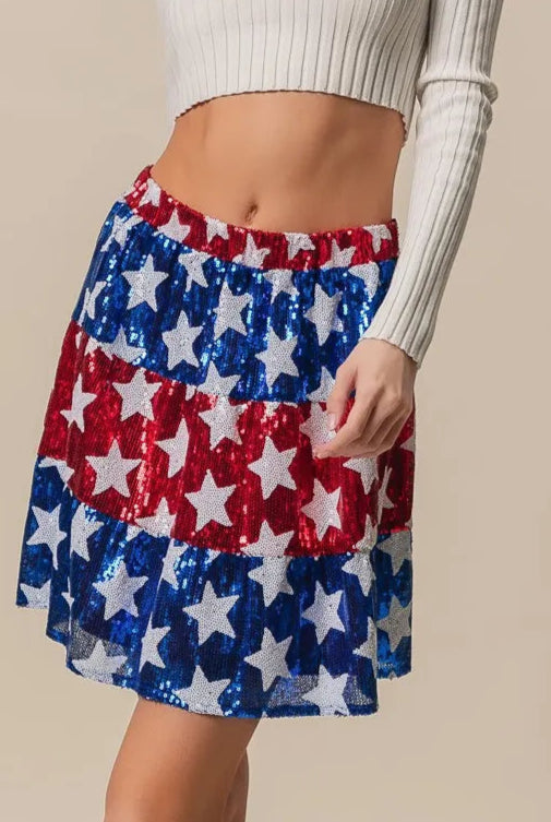 BiBi American Flag Theme Star Sequin Tiered Skirt-Skirts-Krush Kandy, Women's Online Fashion Boutique Located in Phoenix, Arizona (Scottsdale Area)