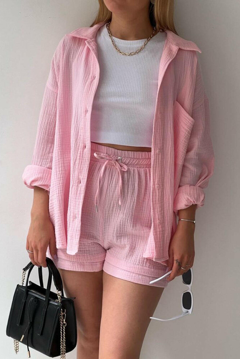 Kinsley Texture Button-Up Shirt and Drawstring Shorts Set-Krush Kandy, Women's Online Fashion Boutique Located in Phoenix, Arizona (Scottsdale Area)