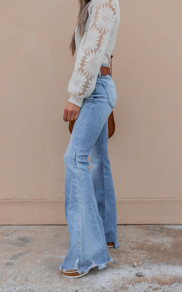 Kancan Juliet Mid Rise Raw Hem Flare Jeans-Jeans-Krush Kandy, Women's Online Fashion Boutique Located in Phoenix, Arizona (Scottsdale Area)