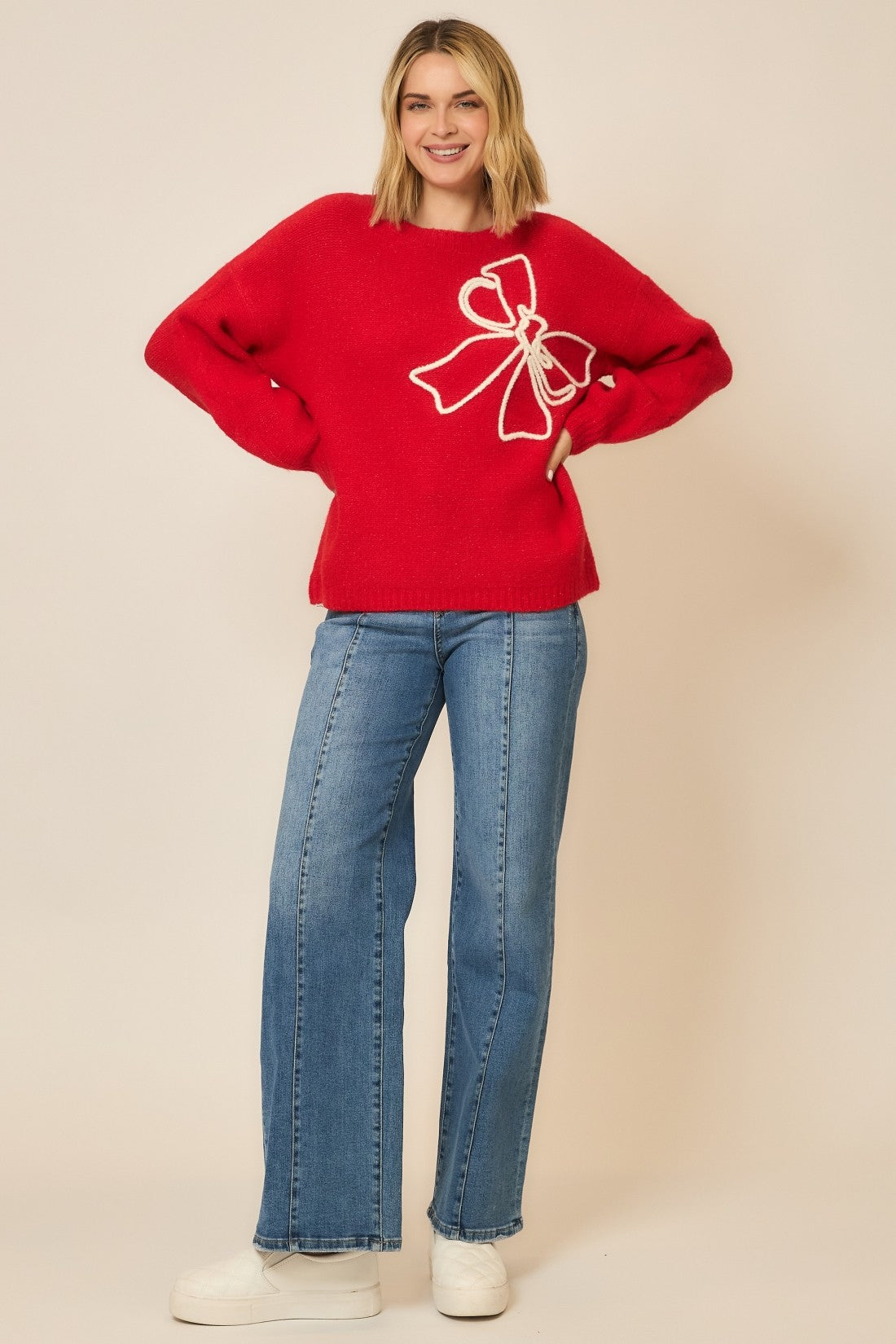 Soft Brushed Embroidered Bow Knit Sweater-Sweaters-Krush Kandy, Women's Online Fashion Boutique Located in Phoenix, Arizona (Scottsdale Area)