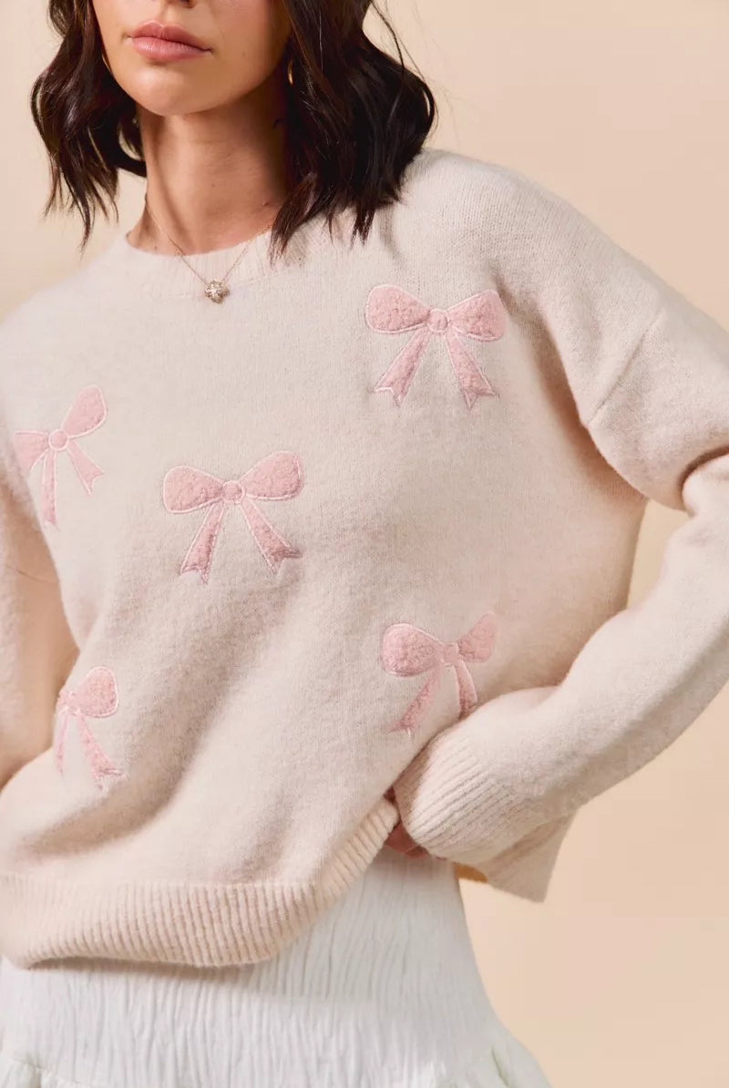 SO ME Embroidered Ribbon Round Neck Sweater-Sweaters-Krush Kandy, Women's Online Fashion Boutique Located in Phoenix, Arizona (Scottsdale Area)