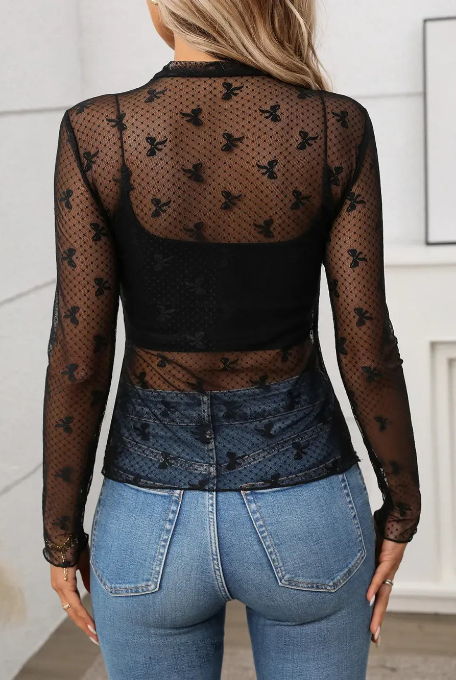 Floral Mock Neck Long Sleeve Mesh Top-Tops-Krush Kandy, Women's Online Fashion Boutique Located in Phoenix, Arizona (Scottsdale Area)
