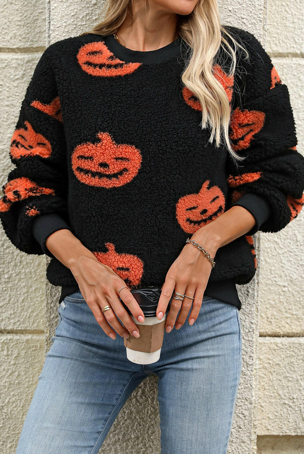 Fuzzy Pumpkin Round Neck Dropped Shoulder Sweater-Krush Kandy, Women's Online Fashion Boutique Located in Phoenix, Arizona (Scottsdale Area)