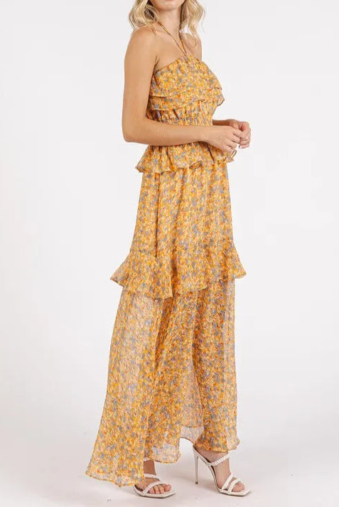 Mittoshop Ruffled Smocked Floral Halter Neck Maxi Dress-Dresses-Krush Kandy, Women's Online Fashion Boutique Located in Phoenix, Arizona (Scottsdale Area)