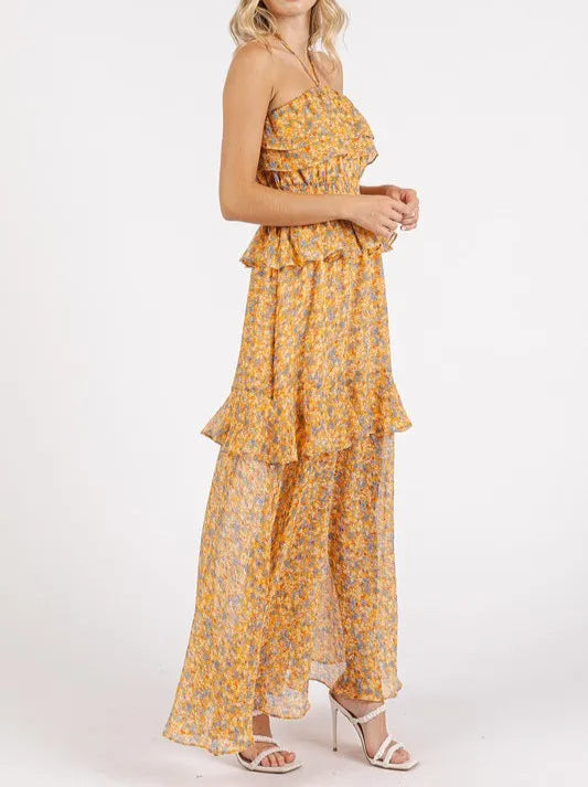 Mittoshop Ruffled Smocked Floral Halter Neck Maxi Dress-Dresses-Krush Kandy, Women's Online Fashion Boutique Located in Phoenix, Arizona (Scottsdale Area)