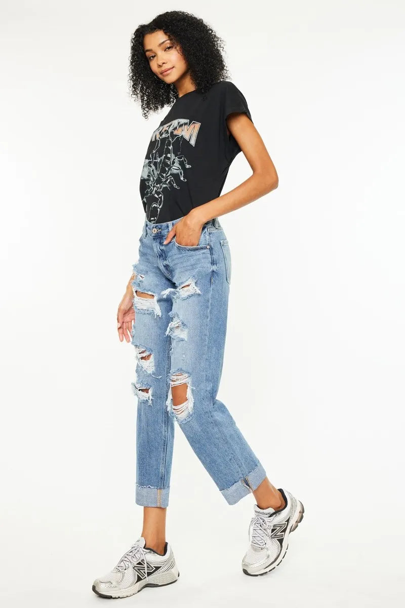 Kancan Mid Rise Distressed Boyfriend Fit Jeans-Denim-Krush Kandy, Women's Online Fashion Boutique Located in Phoenix, Arizona (Scottsdale Area)