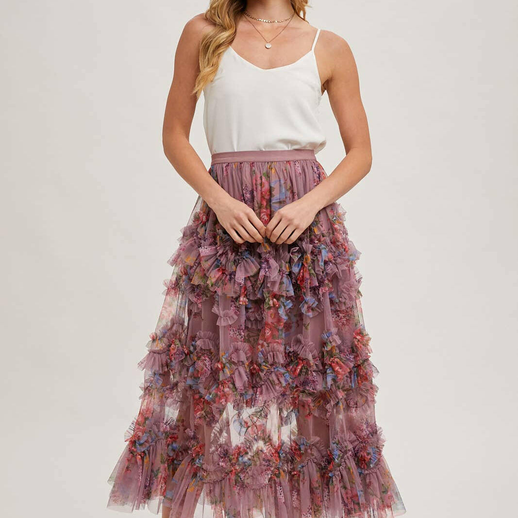 Floral Ruffled Mesh Midi Skirt-Skirts-Krush Kandy, Women's Online Fashion Boutique Located in Phoenix, Arizona (Scottsdale Area)
