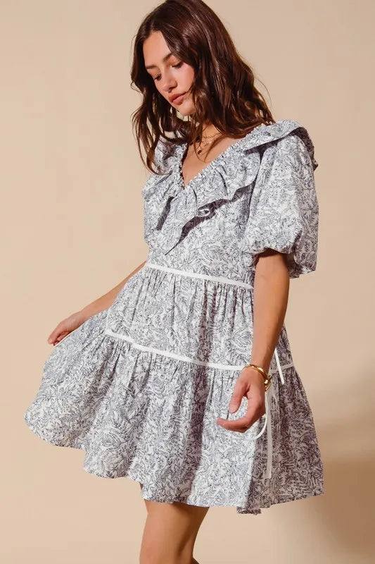 SO ME Cotton Printed Ruffle V Neckline Dress with Side Tie-Dresses-Krush Kandy, Women's Online Fashion Boutique Located in Phoenix, Arizona (Scottsdale Area)