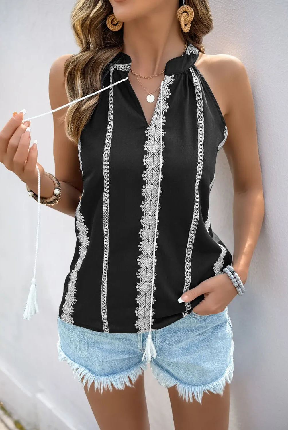 Boho Stitched Tassel Tie Tank-Krush Kandy, Women's Online Fashion Boutique Located in Phoenix, Arizona (Scottsdale Area)