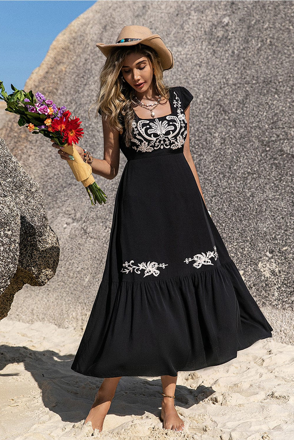 Embroidered Square Neck Ruffle Hem Dress-Krush Kandy, Women's Online Fashion Boutique Located in Phoenix, Arizona (Scottsdale Area)