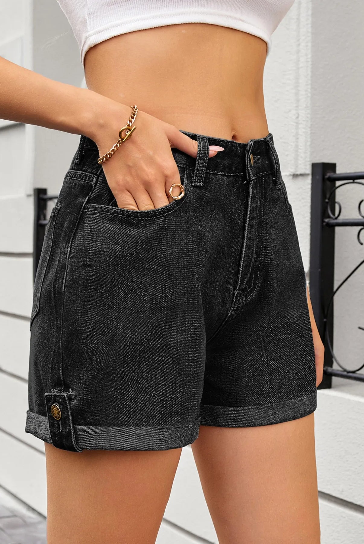 High Waist Rolled Hem Gradient Denim Shorts-Krush Kandy, Women's Online Fashion Boutique Located in Phoenix, Arizona (Scottsdale Area)