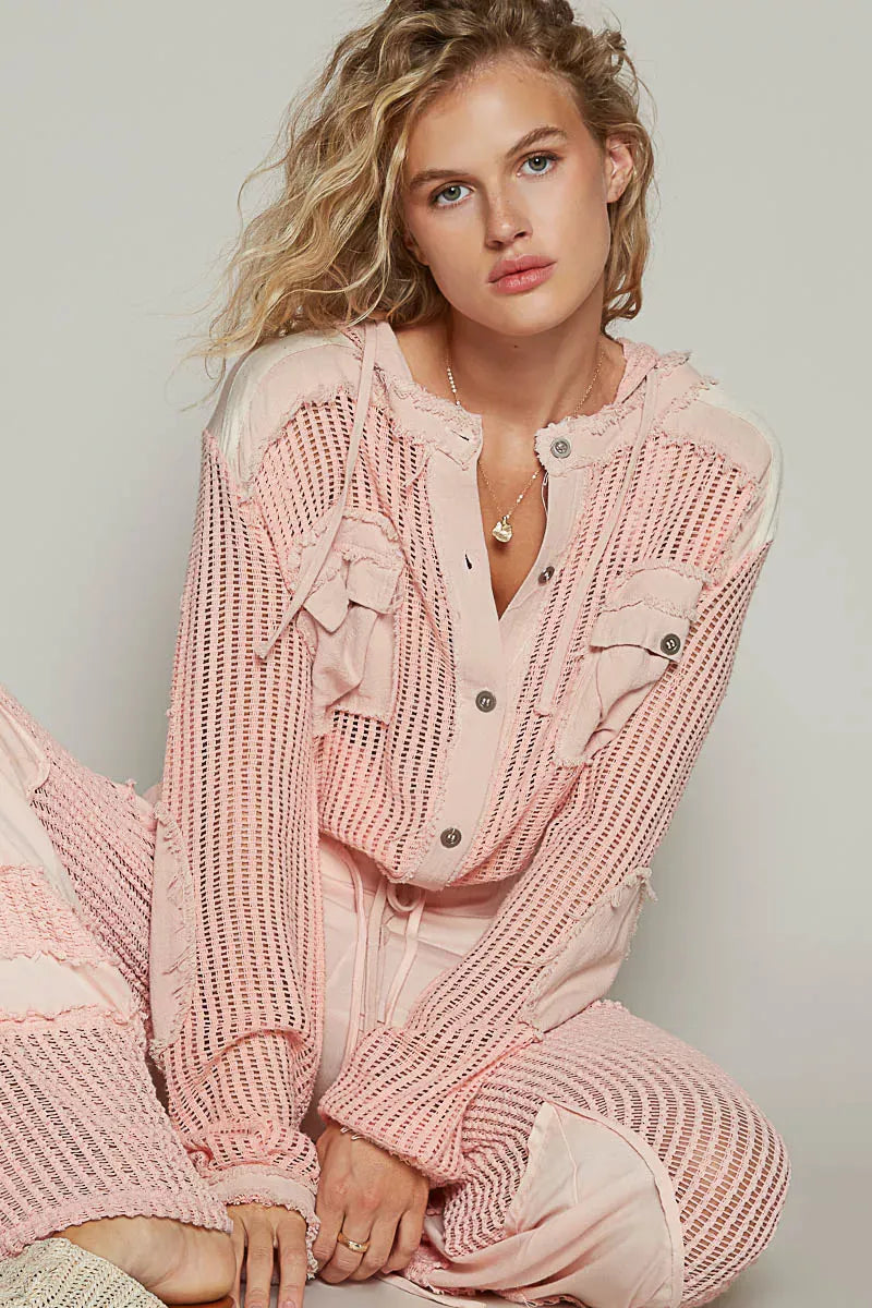 POL Texture Woven Button Down Hooded Shirt with Drawstring Hem-Jackets-Krush Kandy, Women's Online Fashion Boutique Located in Phoenix, Arizona (Scottsdale Area)
