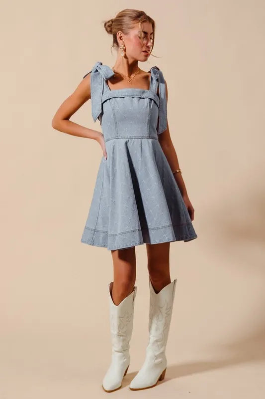 SO ME A Line Bow Denim Dress-Dresses-Krush Kandy, Women's Online Fashion Boutique Located in Phoenix, Arizona (Scottsdale Area)