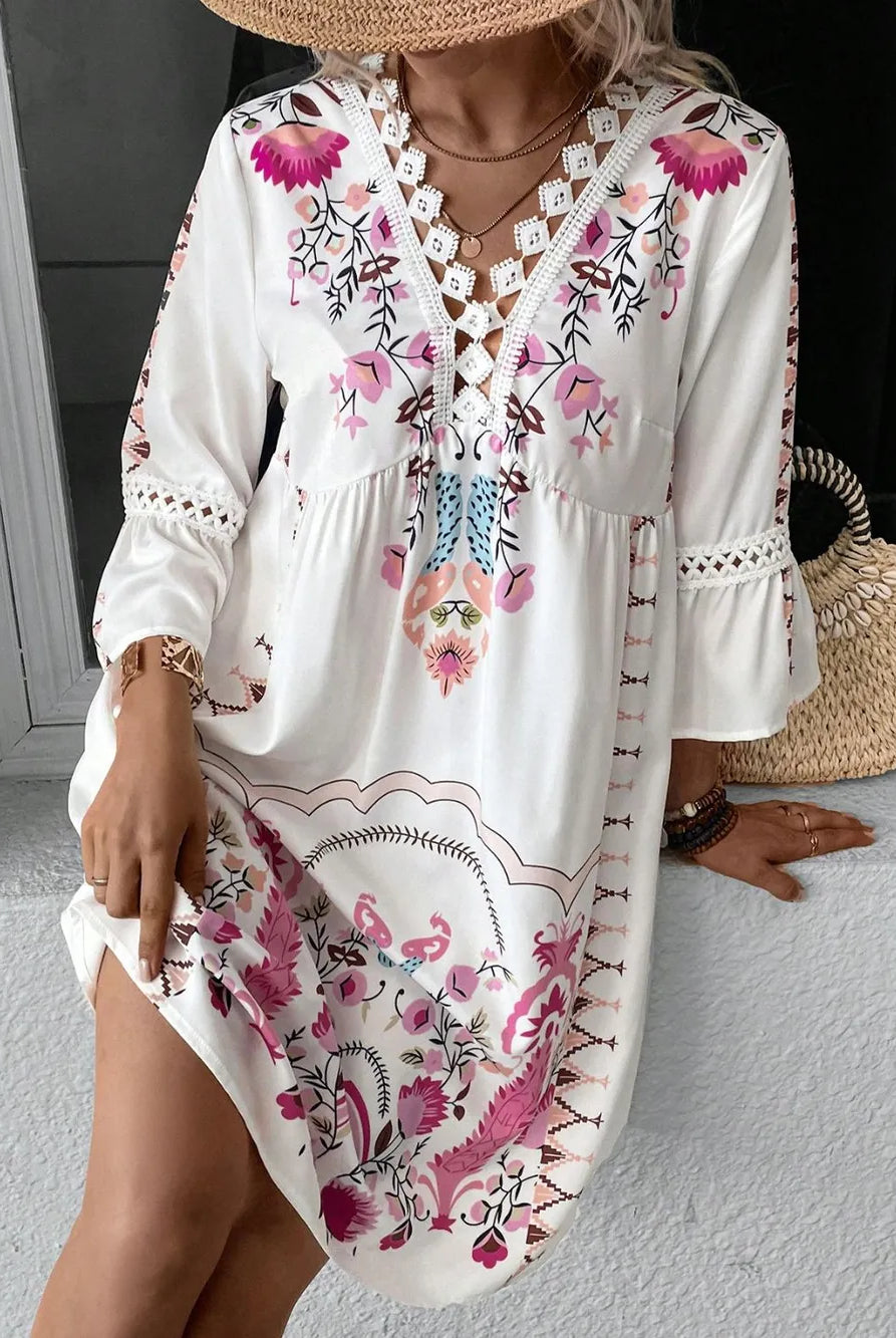 Lace Detail Printed Three-Quarter Sleeve Dress-Dresses-Krush Kandy, Women's Online Fashion Boutique Located in Phoenix, Arizona (Scottsdale Area)