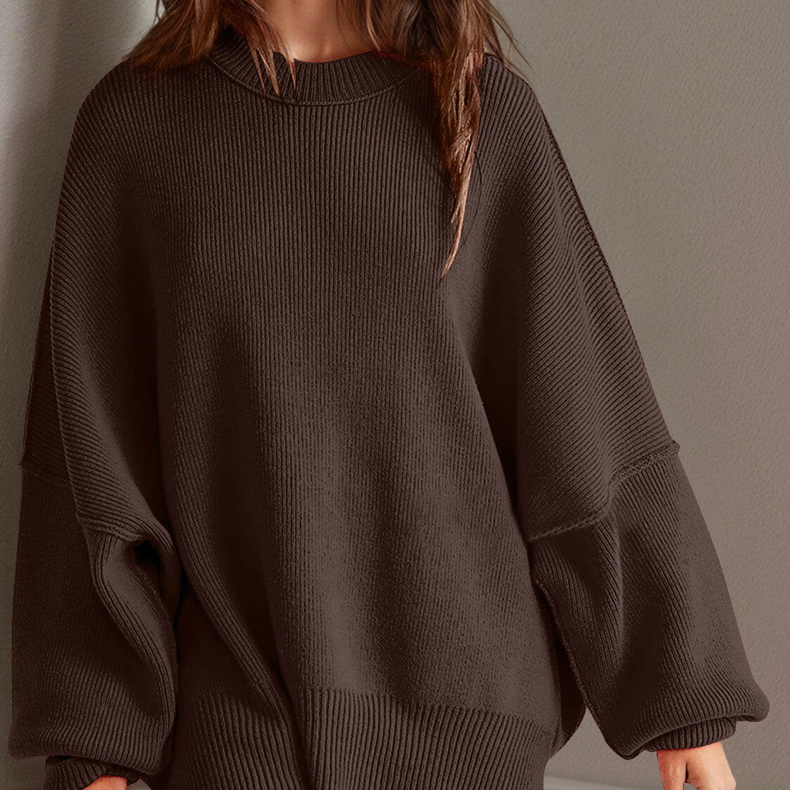 Double Take Side Slit Round Neck Long Sleeve Sweater-Sweaters-Krush Kandy, Women's Online Fashion Boutique Located in Phoenix, Arizona (Scottsdale Area)