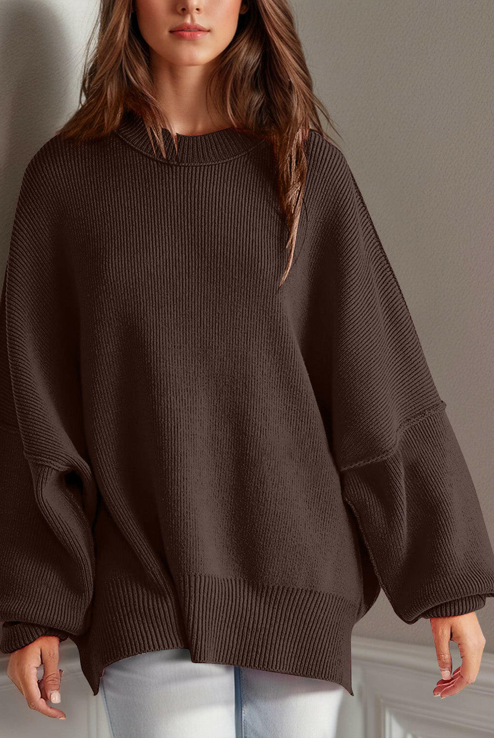 Double Take Side Slit Round Neck Long Sleeve Sweater-Sweaters-Krush Kandy, Women's Online Fashion Boutique Located in Phoenix, Arizona (Scottsdale Area)