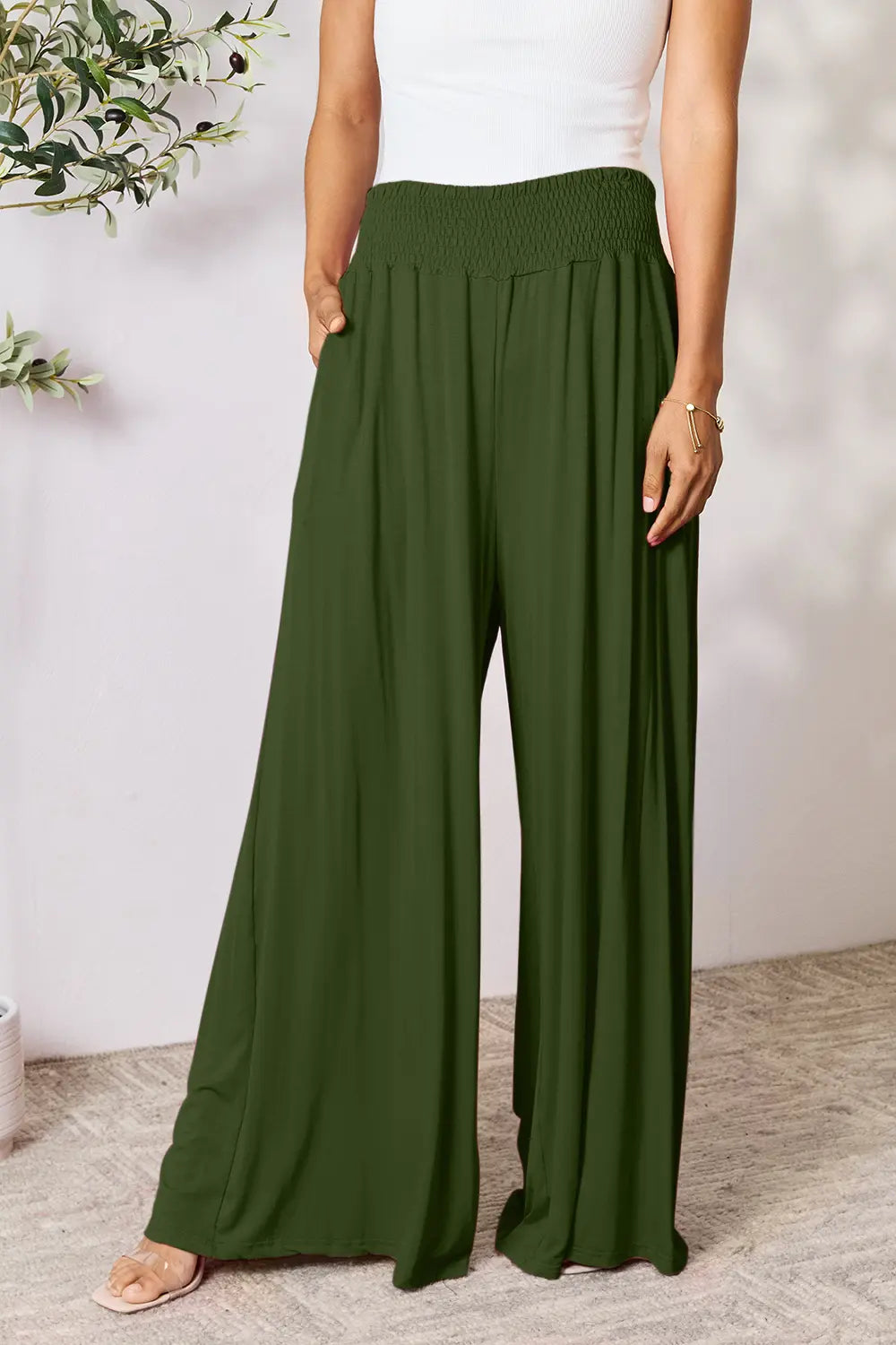 Full Size Smocked Wide Waistband Wide Leg Pants-Pants-Krush Kandy, Women's Online Fashion Boutique Located in Phoenix, Arizona (Scottsdale Area)