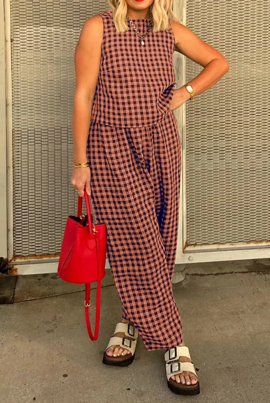 Lovelet Plaid Round Neck Sleeveless Top and Pants Set-2 Piece Outfit Sets-Krush Kandy, Women's Online Fashion Boutique Located in Phoenix, Arizona (Scottsdale Area)