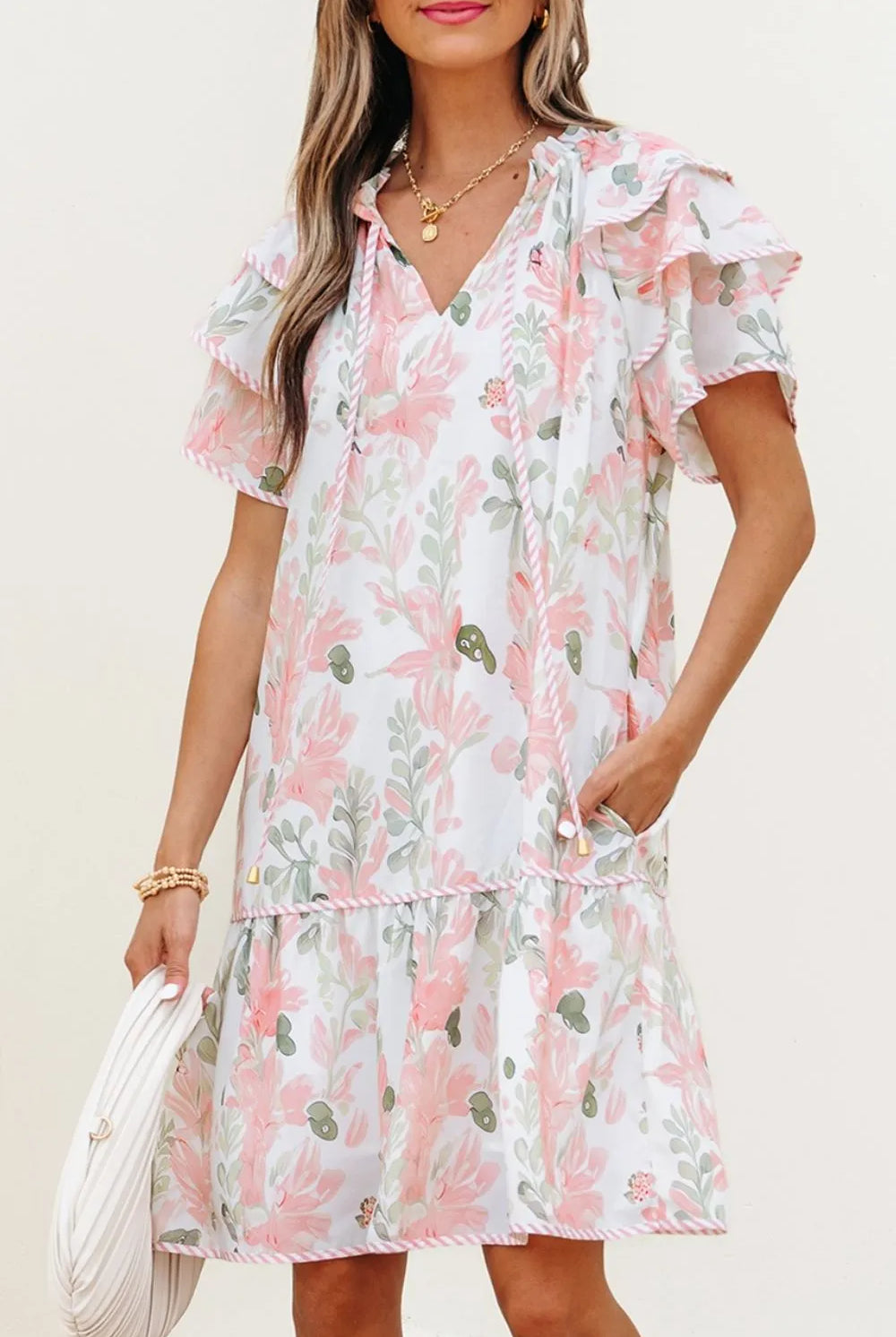 Floral Contrast Edge Layered Short Sleeve Mini Dress-dresses-Krush Kandy, Women's Online Fashion Boutique Located in Phoenix, Arizona (Scottsdale Area)