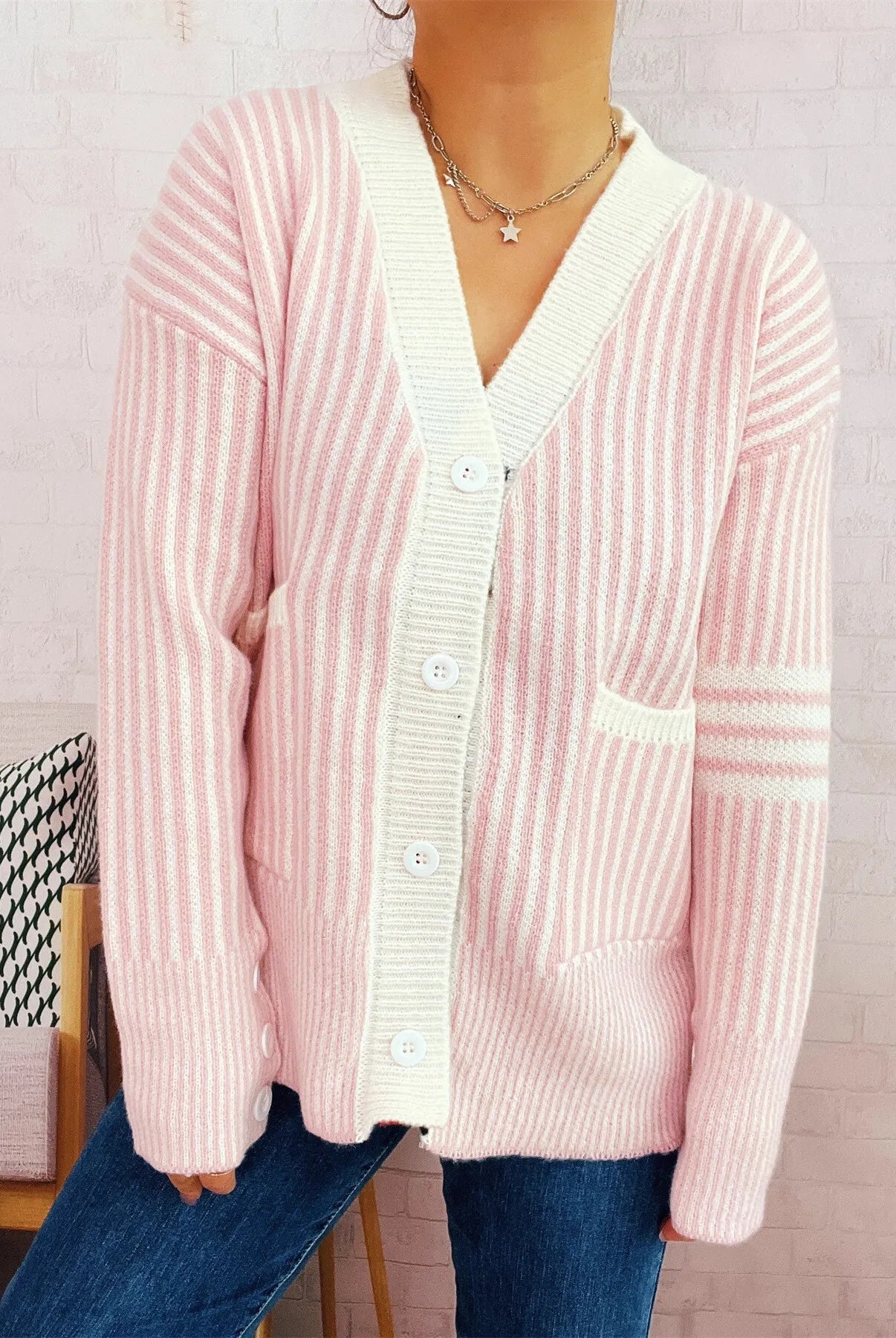 Striped Button-Front Cardigan with Contrast Trim-Cardigan-Krush Kandy, Women's Online Fashion Boutique Located in Phoenix, Arizona (Scottsdale Area)