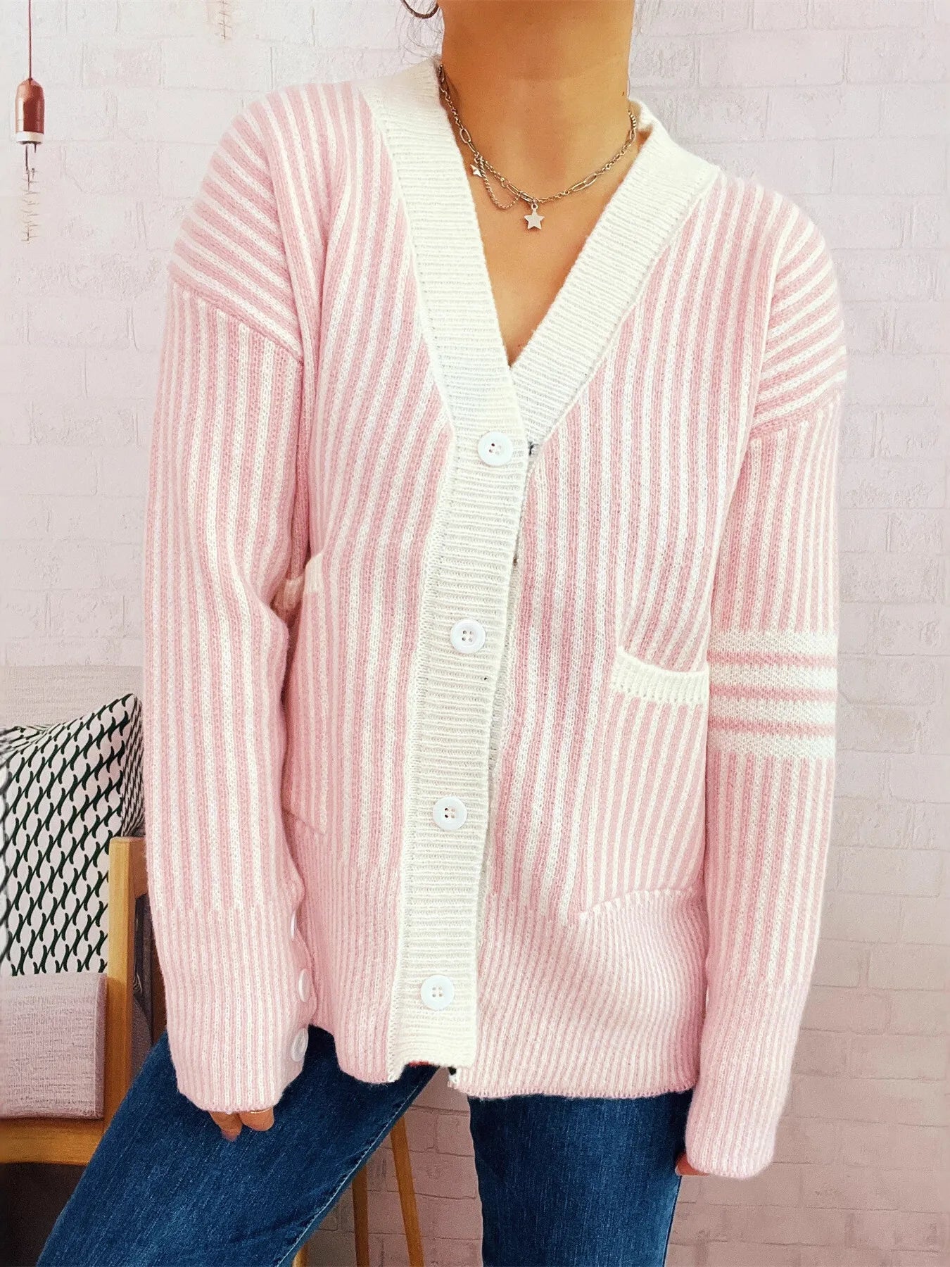 Striped Button-Front Cardigan with Contrast Trim-Cardigan-Krush Kandy, Women's Online Fashion Boutique Located in Phoenix, Arizona (Scottsdale Area)