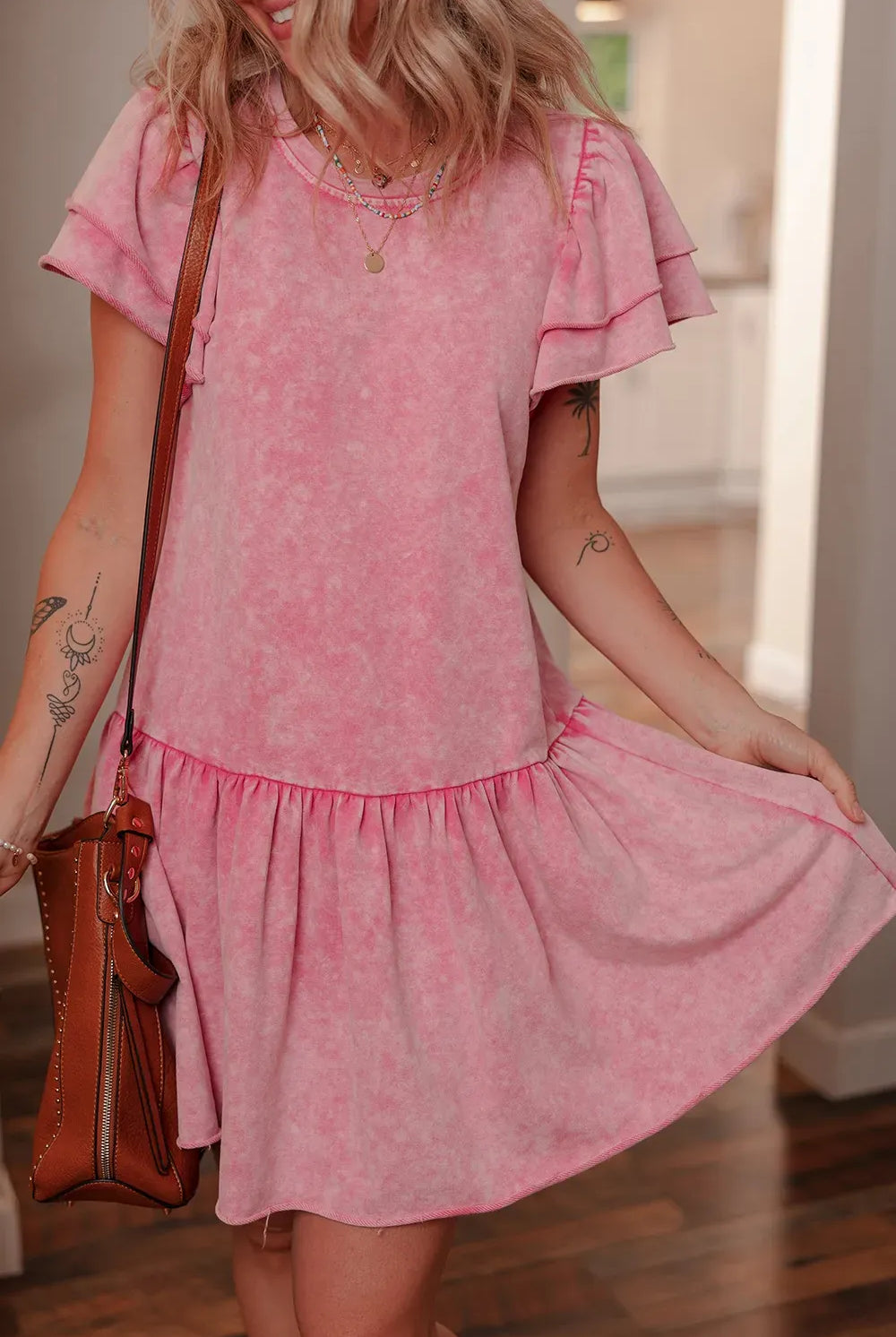 Mineral Wash Raw Edge Ruffle Mini Dress-Dresses-Krush Kandy, Women's Online Fashion Boutique Located in Phoenix, Arizona (Scottsdale Area)