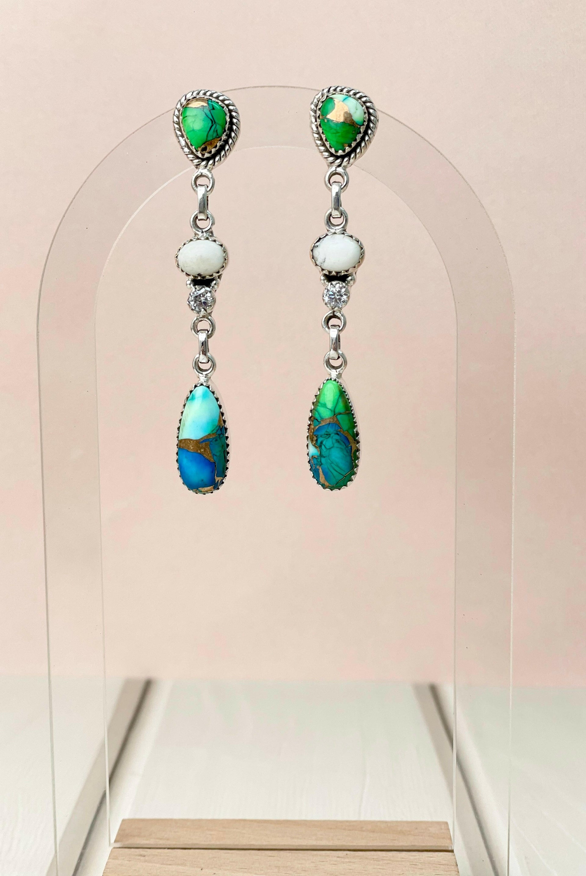 Peacock Dahlia 3 Stone Drop Earrings-Earrings-Krush Kandy, Women's Online Fashion Boutique Located in Phoenix, Arizona (Scottsdale Area)
