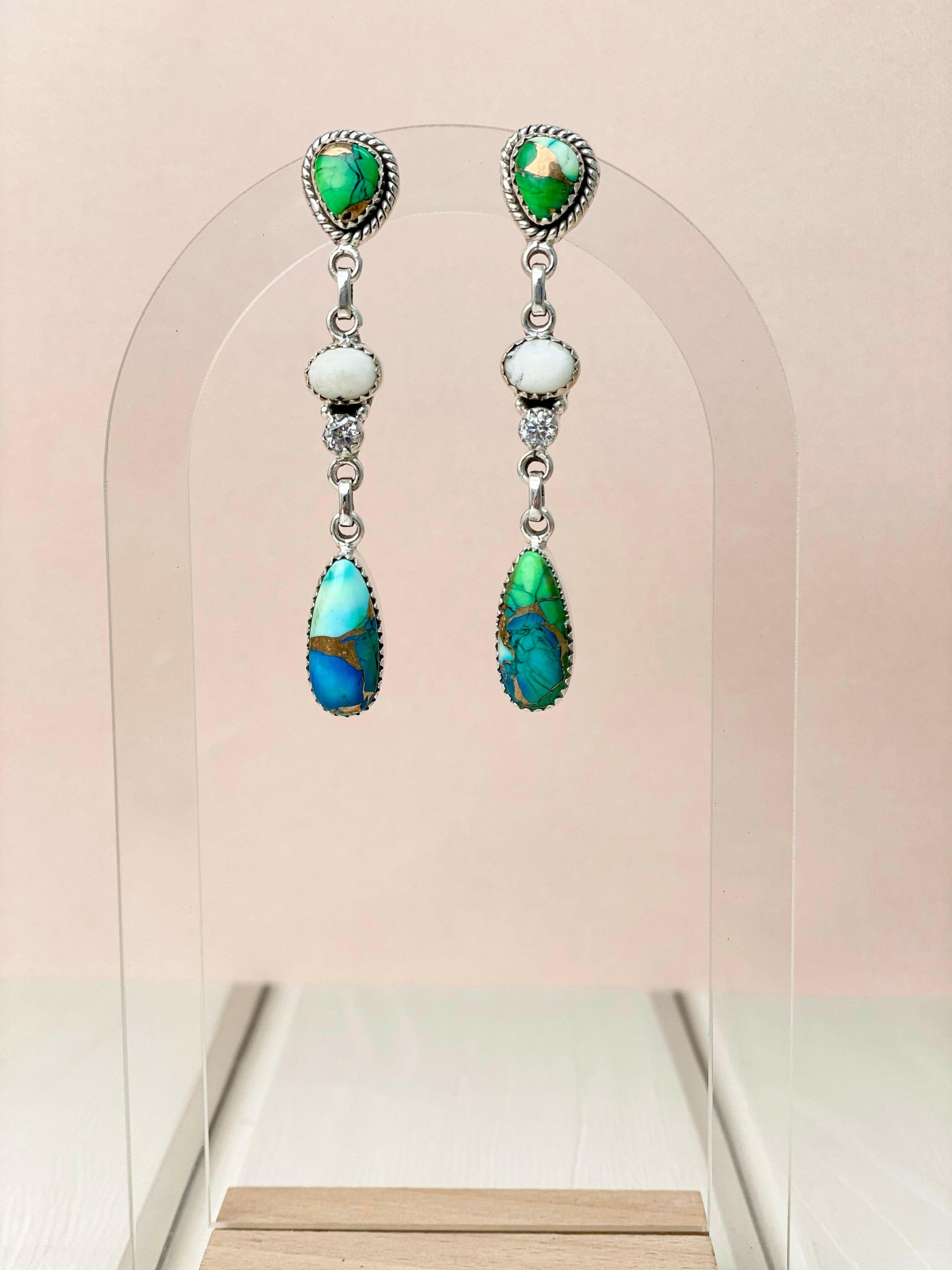 Peacock Dahlia 3 Stone Drop Earrings-Earrings-Krush Kandy, Women's Online Fashion Boutique Located in Phoenix, Arizona (Scottsdale Area)