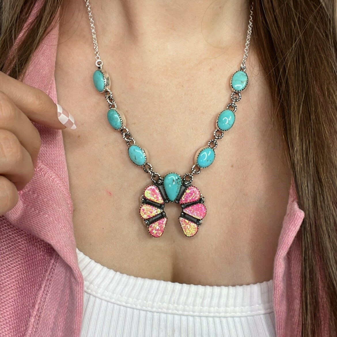 Horseshoe Pink Fire Opal & Turquoise Necklace-Pendant Necklaces-Krush Kandy, Women's Online Fashion Boutique Located in Phoenix, Arizona (Scottsdale Area)