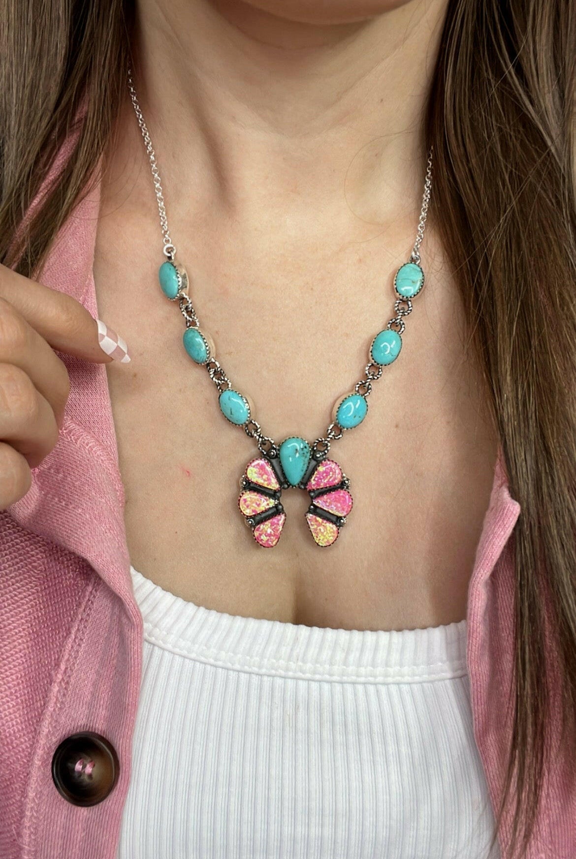 Horseshoe Pink Fire Opal & Turquoise Necklace-Pendant Necklaces-Krush Kandy, Women's Online Fashion Boutique Located in Phoenix, Arizona (Scottsdale Area)