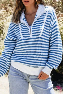 Blue Striped Quarter Zip Sweater-Hoodies-Krush Kandy, Women's Online Fashion Boutique Located in Phoenix, Arizona (Scottsdale Area)