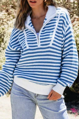 Blue Striped Quarter Zip Sweater-Hoodies-Krush Kandy, Women's Online Fashion Boutique Located in Phoenix, Arizona (Scottsdale Area)