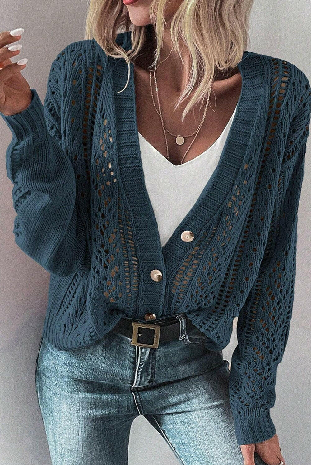 Openwork Button Up Long Sleeve Cardigan-Sweaters-Krush Kandy, Women's Online Fashion Boutique Located in Phoenix, Arizona (Scottsdale Area)