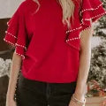 Pearl Embellished Double Ruffle Short Sleeve Top-Tops-Krush Kandy, Women's Online Fashion Boutique Located in Phoenix, Arizona (Scottsdale Area)