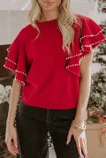 Pearl Embellished Double Ruffle Short Sleeve Top-Tops-Krush Kandy, Women's Online Fashion Boutique Located in Phoenix, Arizona (Scottsdale Area)