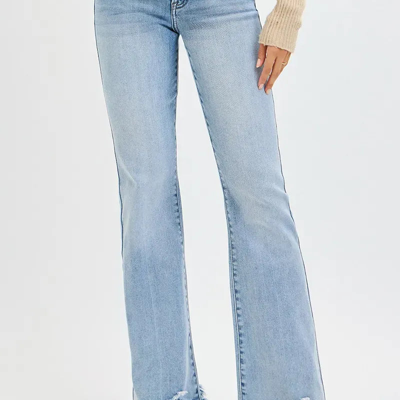 RISEN Full Size Tummy Control Mid Rise Flare Jeans with Fray Hem Detailed Plus Size-Jeans-Krush Kandy, Women's Online Fashion Boutique Located in Phoenix, Arizona (Scottsdale Area)