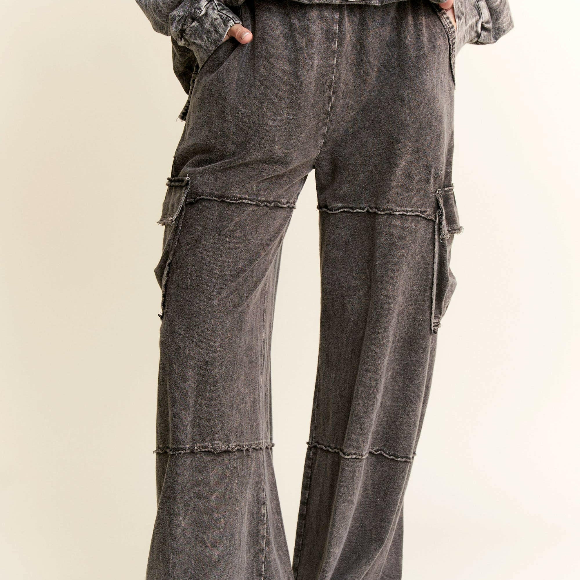 Mineral Wash Wide leg pants with Cargo Pockets-Bottoms-Krush Kandy, Women's Online Fashion Boutique Located in Phoenix, Arizona (Scottsdale Area)