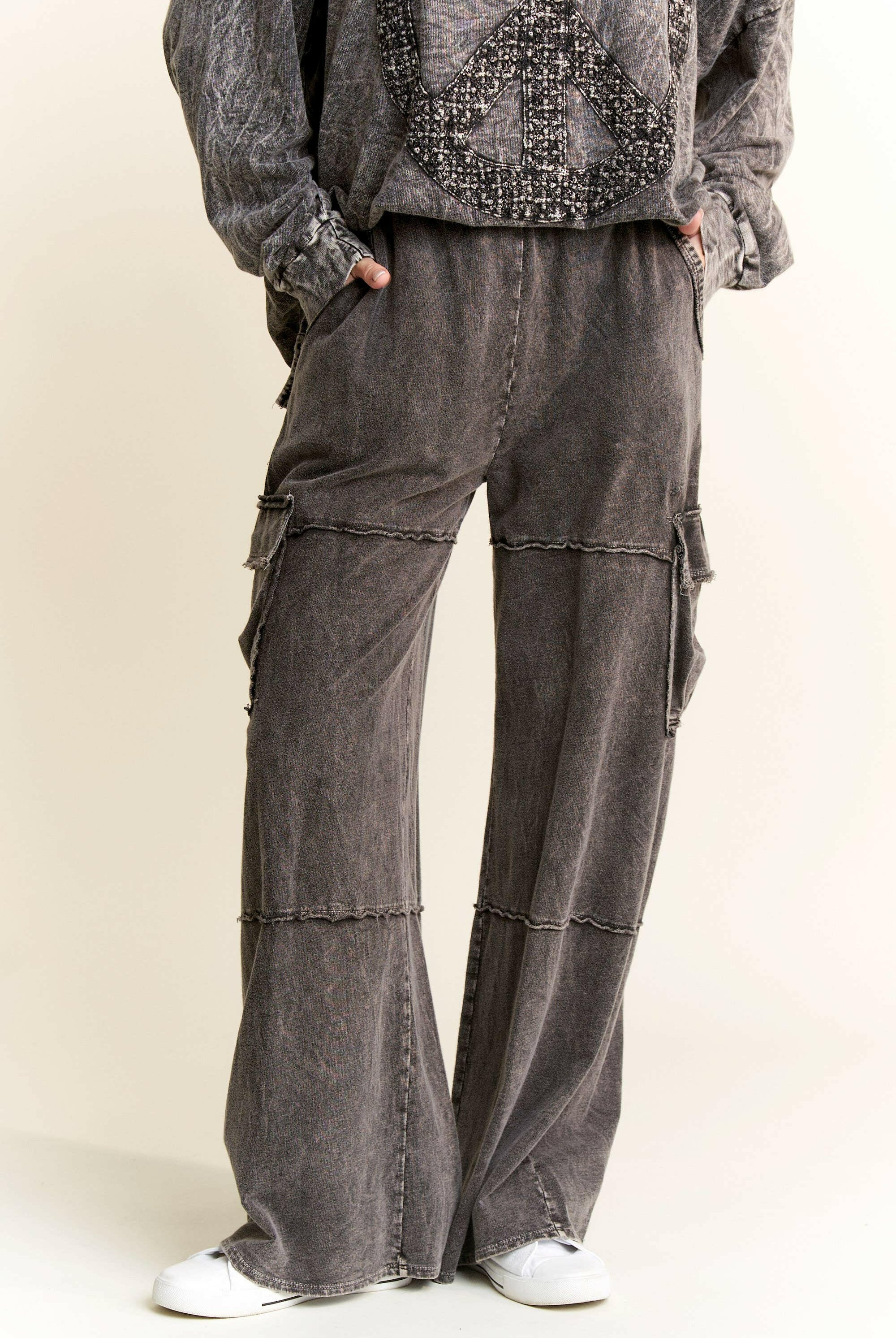 Mineral Wash Wide leg pants with Cargo Pockets-Bottoms-Krush Kandy, Women's Online Fashion Boutique Located in Phoenix, Arizona (Scottsdale Area)