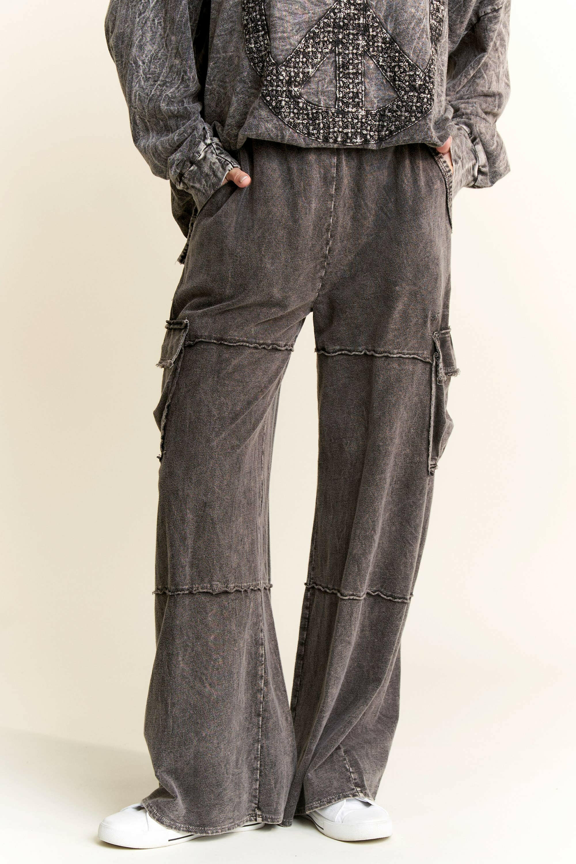 Mineral Wash Wide leg pants with Cargo Pockets-Bottoms-Krush Kandy, Women's Online Fashion Boutique Located in Phoenix, Arizona (Scottsdale Area)